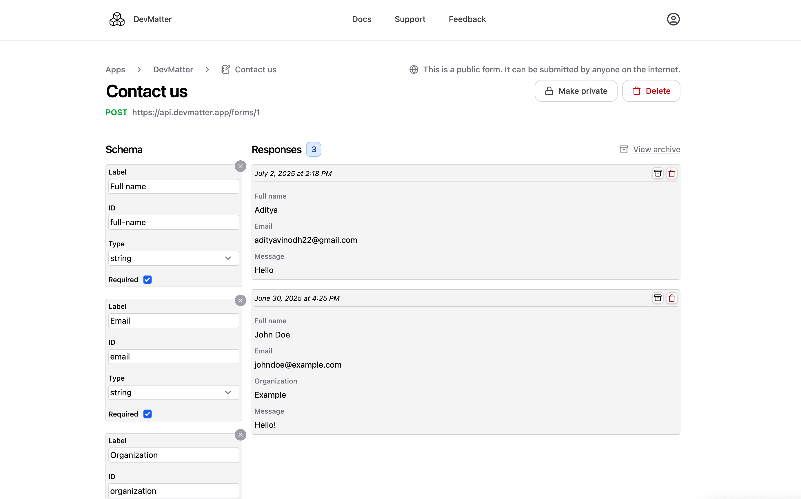 DevMatter form dashboard
