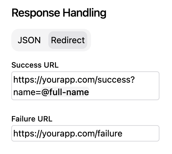 Screenshot of configuring form redirect URLs